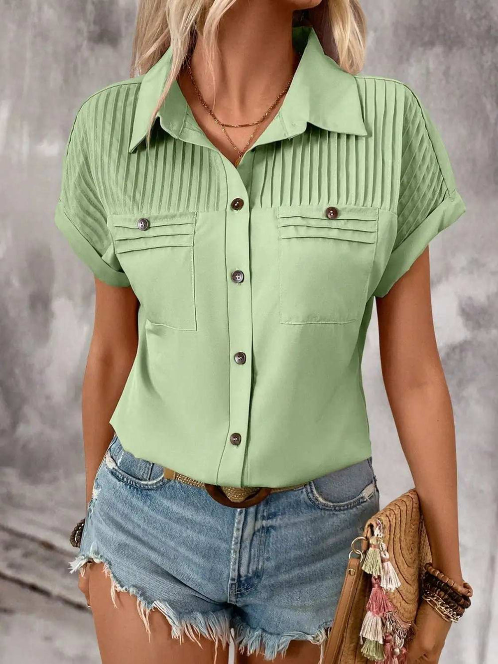 Pleated Detail Collared Neck Short Sleeve Shirt - Trendsi - Flyclothing LLC