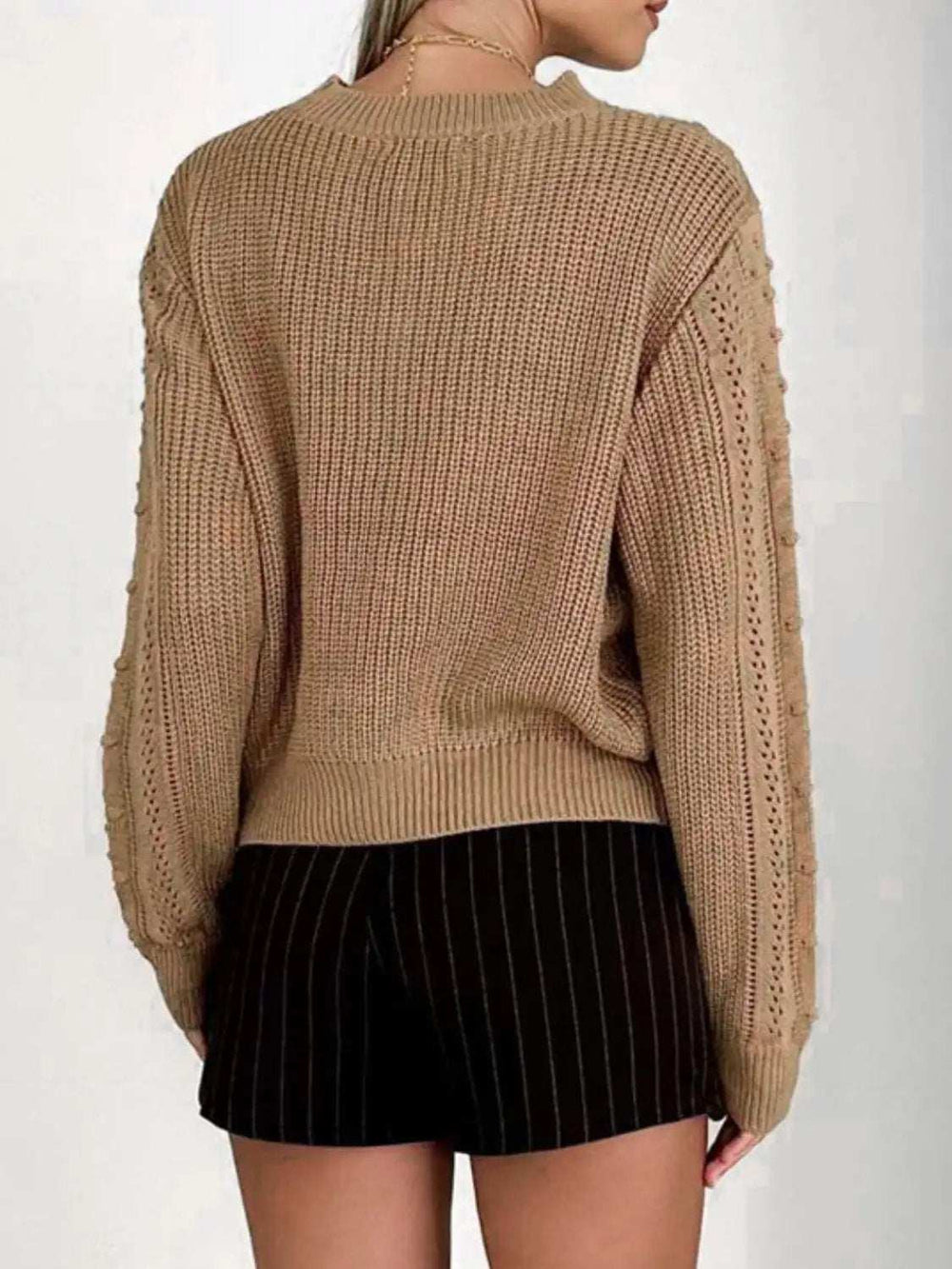 Openwork Round Neck Long Sleeve Sweater - Trendsi - Flyclothing LLC