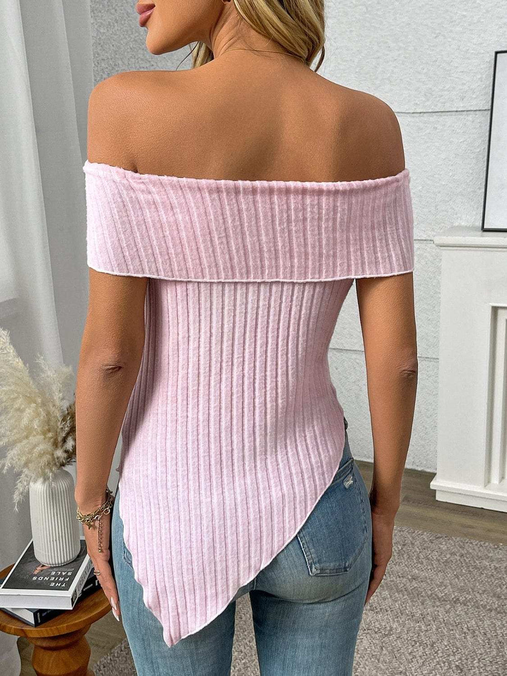 Ribbed Off-Shoulder Asymmetrical Hem T-Shirt - Trendsi - Flyclothing LLC