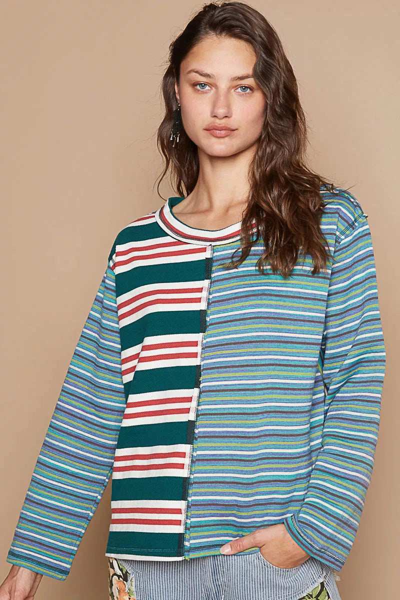 POL Color Block Striped Round Neck Long Sleeve T-Shirt - Trendsi - Flyclothing LLC