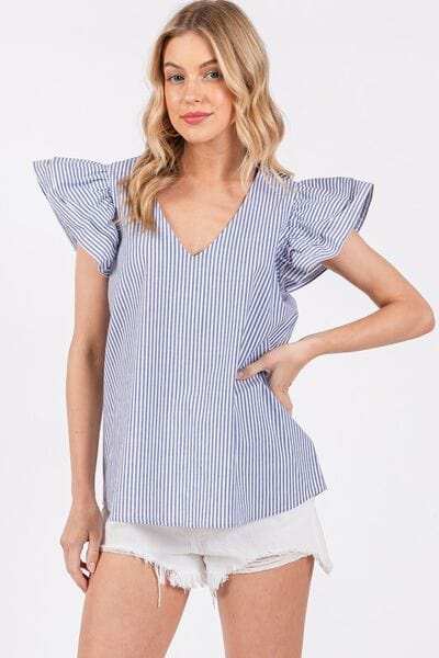 Ces Femme Striped V-Neck Ruffled Cap Sleeve Blouse - Trendsi - Flyclothing LLC