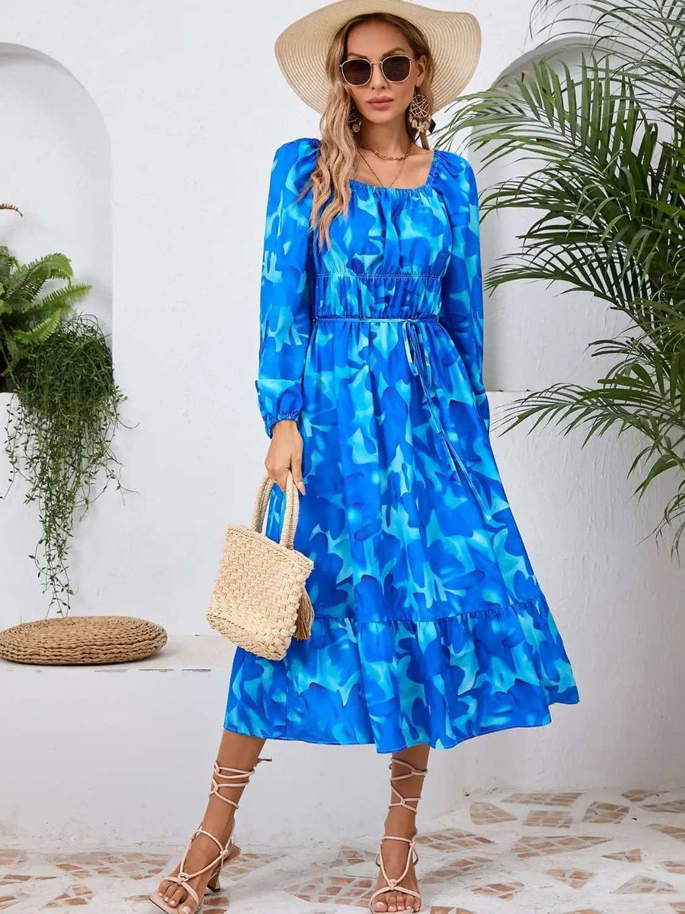 Printed Long Sleeve Midi Dress - Trendsi - Flyclothing LLC