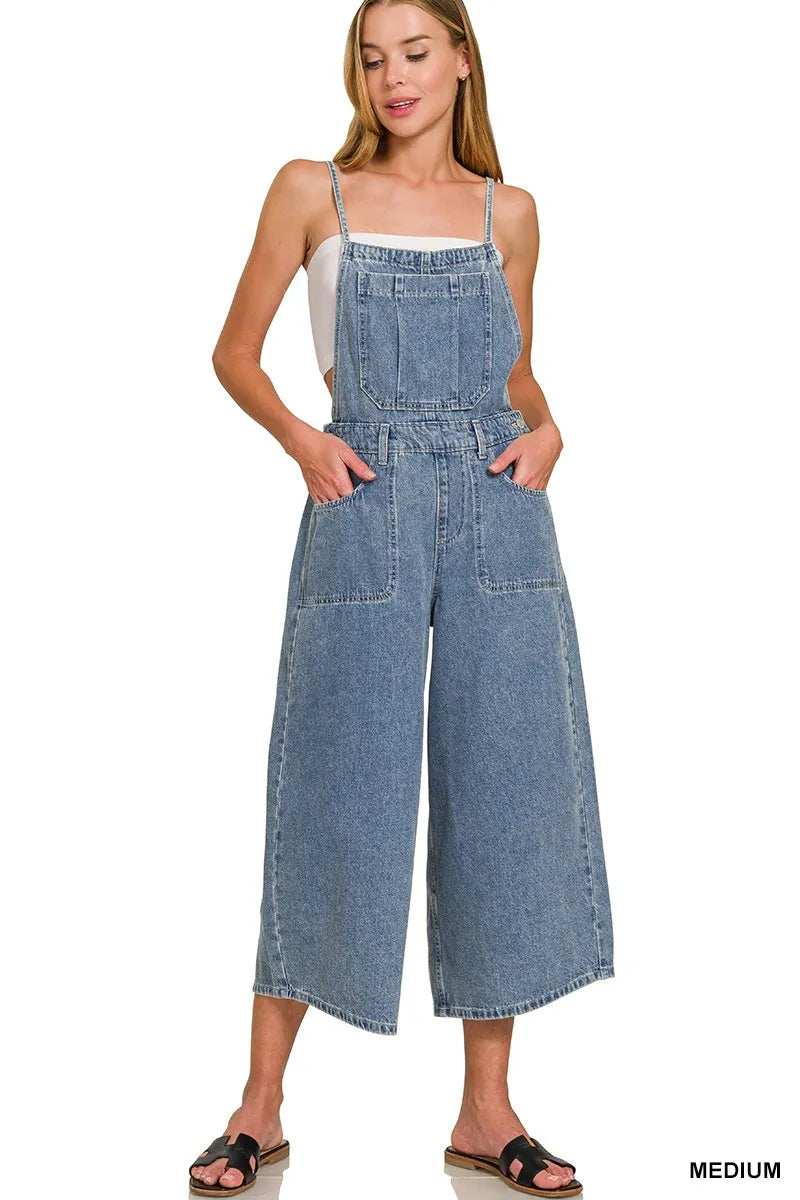 Zenana Denim Medium Washed Wide Leg Overalls - Trendsi - Flyclothing LLC
