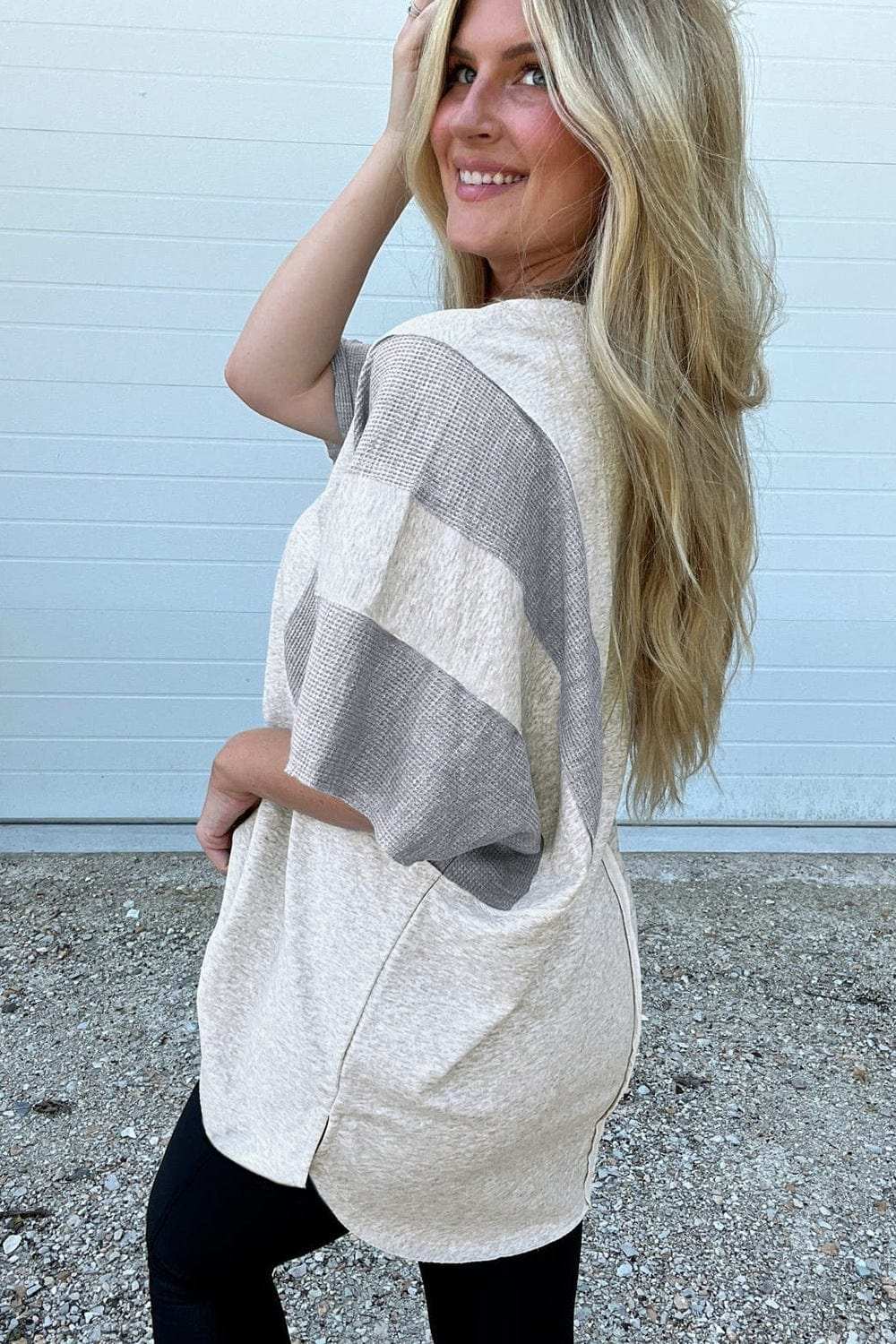 Two Tone Contrast Waffle Knit Patched Buttoned V Neck Top - Trendsi - Flyclothing LLC