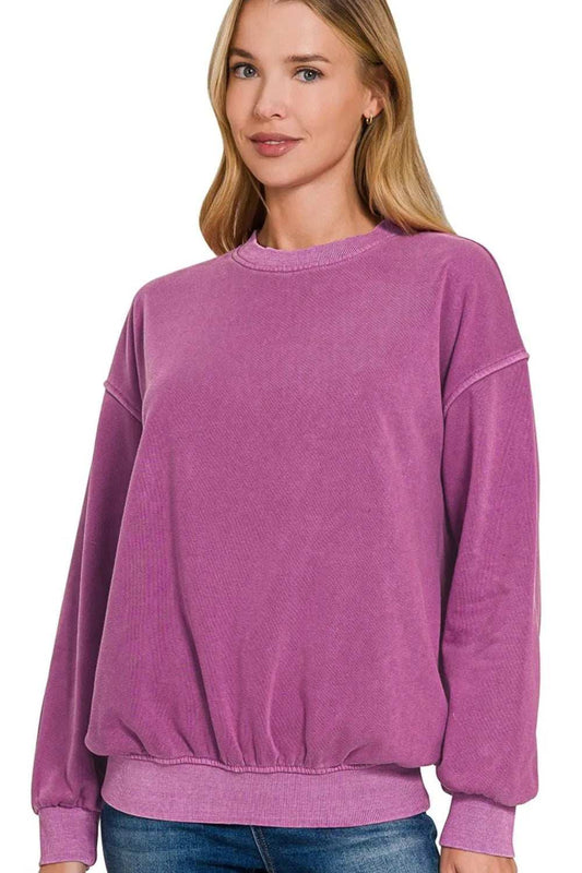 Zenana Soft Fleece Pigment Dye Round-neck Sweatshirts - Trendsi - Flyclothing LLC