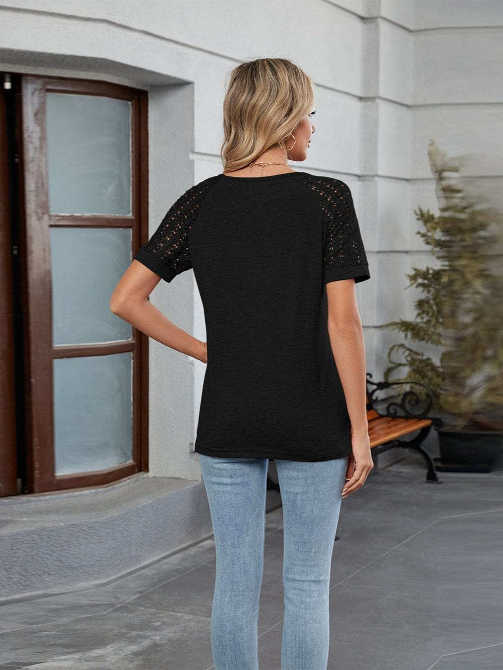 Round Neck Lace Short Sleeve T-Shirt - Trendsi - Flyclothing LLC