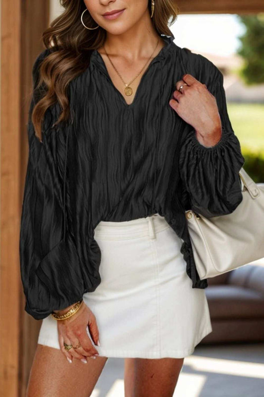 Tie Neck Long Sleeve Blouse - Trendsi - Flyclothing LLC