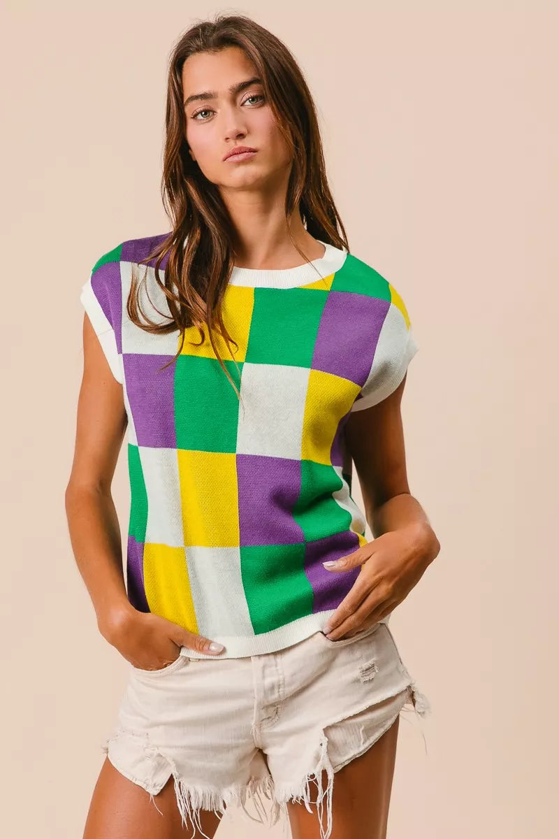 BiBi Mardi Gras Checker Pattern Sleeveless Sweater Top - Trendsi - Flyclothing LLC