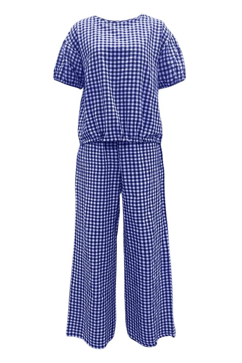 Full Size Plaid Round Neck Half Sleeve Top and Pants Set - Trendsi - Flyclothing LLC