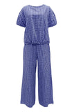 Full Size Plaid Round Neck Half Sleeve Top and Pants Set - Trendsi - Flyclothing LLC