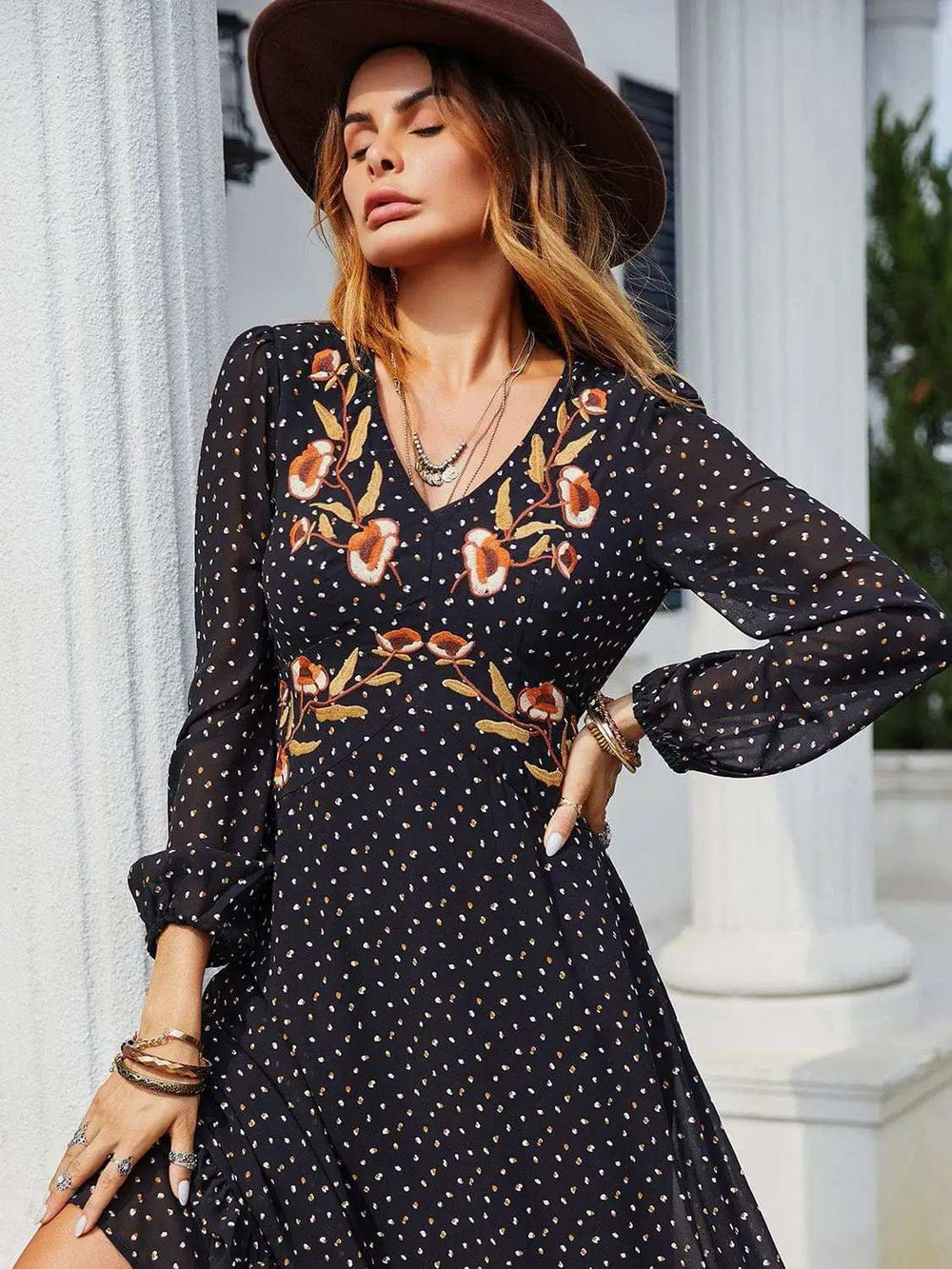 Embroidered V-Neck Long Sleeve Dress - Trendsi - Flyclothing LLC