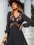 Embroidered V-Neck Long Sleeve Dress - Trendsi - Flyclothing LLC