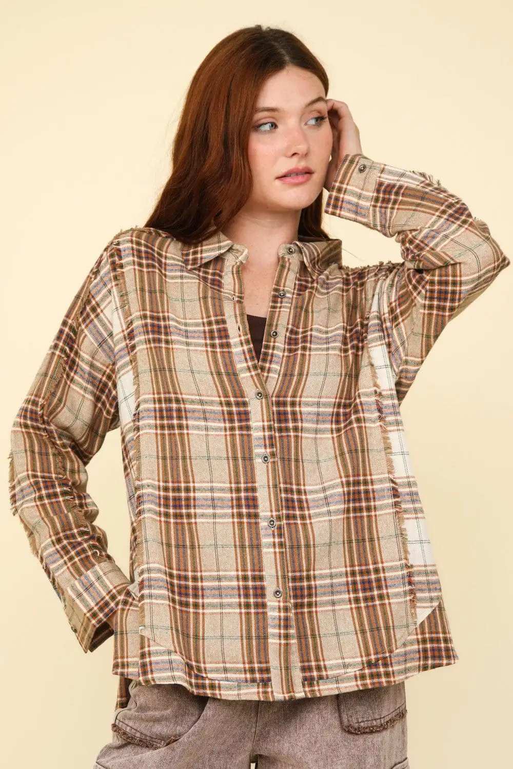VERY J Contrast Plaid Raw Detail Shirt - Trendsi - Flyclothing LLC