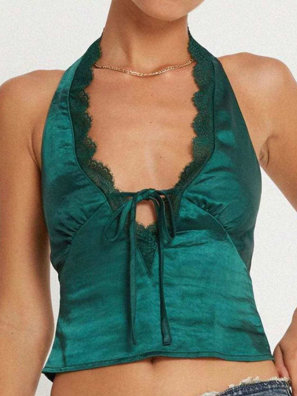Lace Detail Halter Neck Tank - Trendsi - Flyclothing LLC