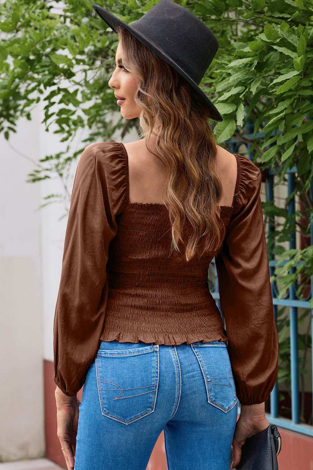 Smocked Square Neck Long Sleeve Blouse - Trendsi - Flyclothing LLC