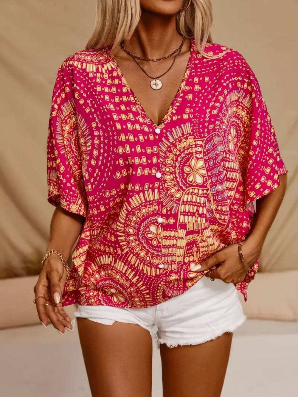 Printed V-Neck Half Sleeve Top - Trendsi - Flyclothing LLC
