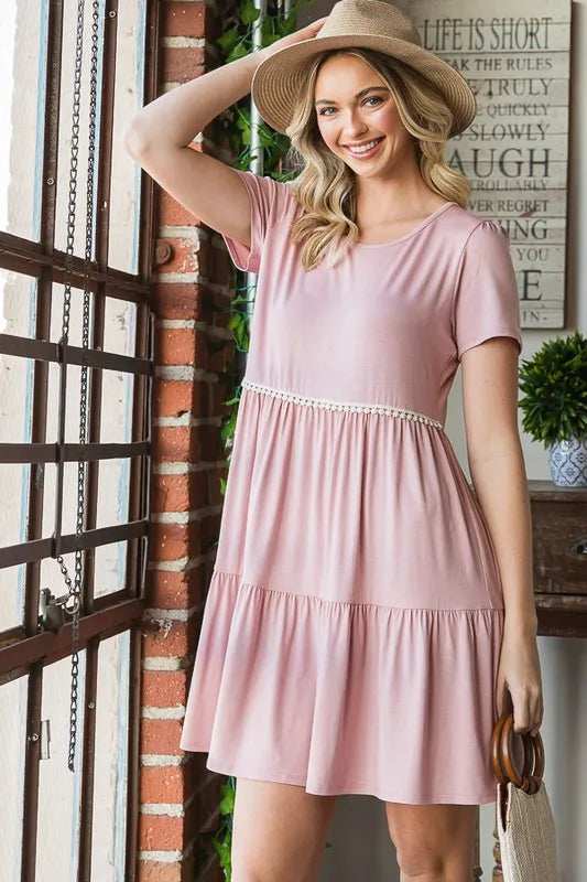 Heimish Full Size Solid Mini Tiered Dress with Pompom Lace Plus Size - Trendsi - Flyclothing LLC