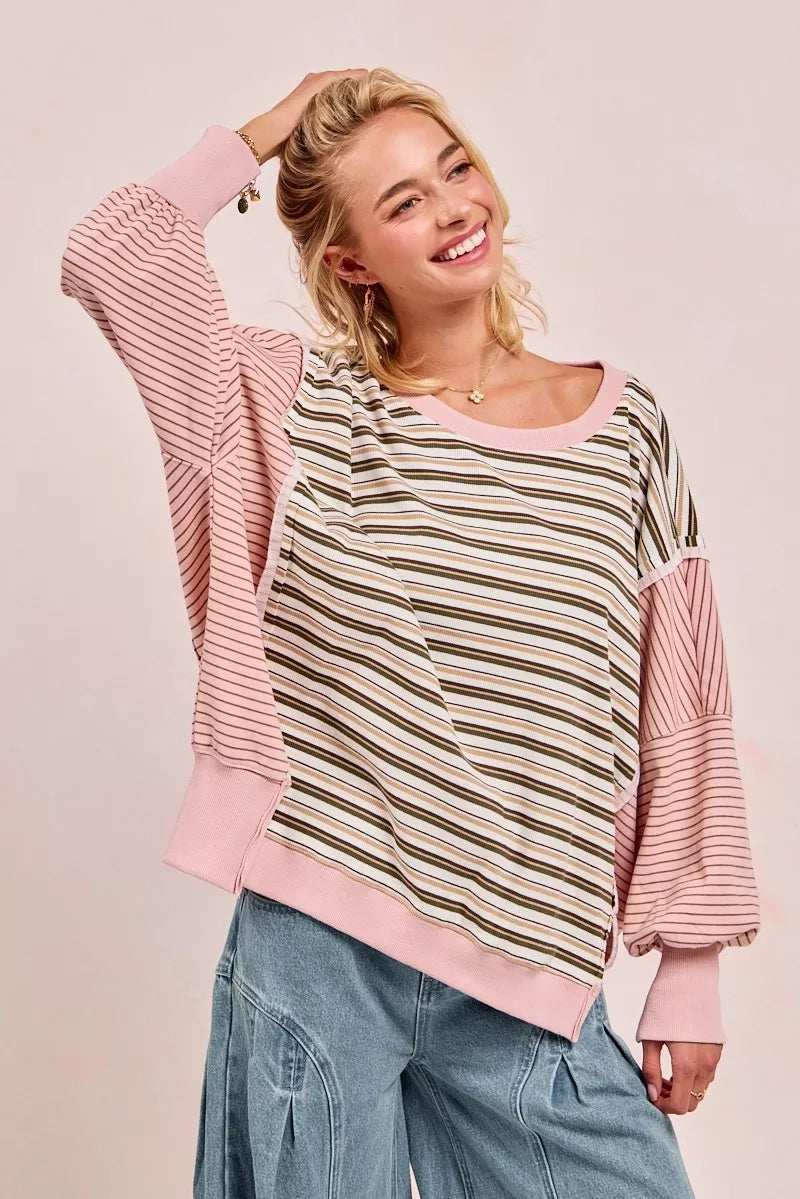 BiBi Stripe Mixed Top With Cut Edge And Reverse Outseam - Trendsi - Flyclothing LLC