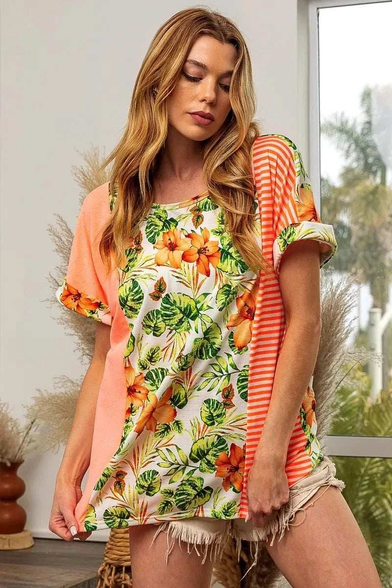 BiBi Floral W Stripe Color Block Dolman Sleeves Top - Trendsi - Flyclothing LLC