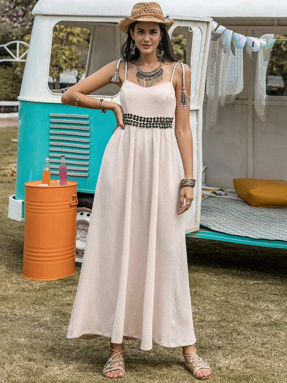 Waffle-Knit Tied Spaghetti Strap Dress - Trendsi - Flyclothing LLC