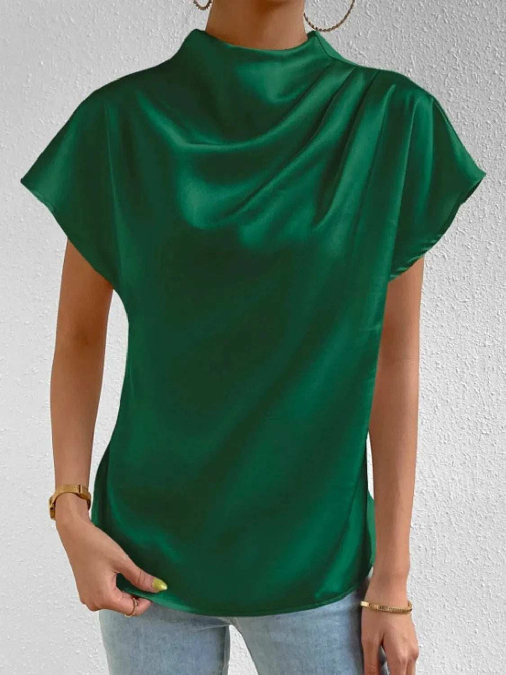 Mock Neck Short Sleeve Blouse - Trendsi - Flyclothing LLC