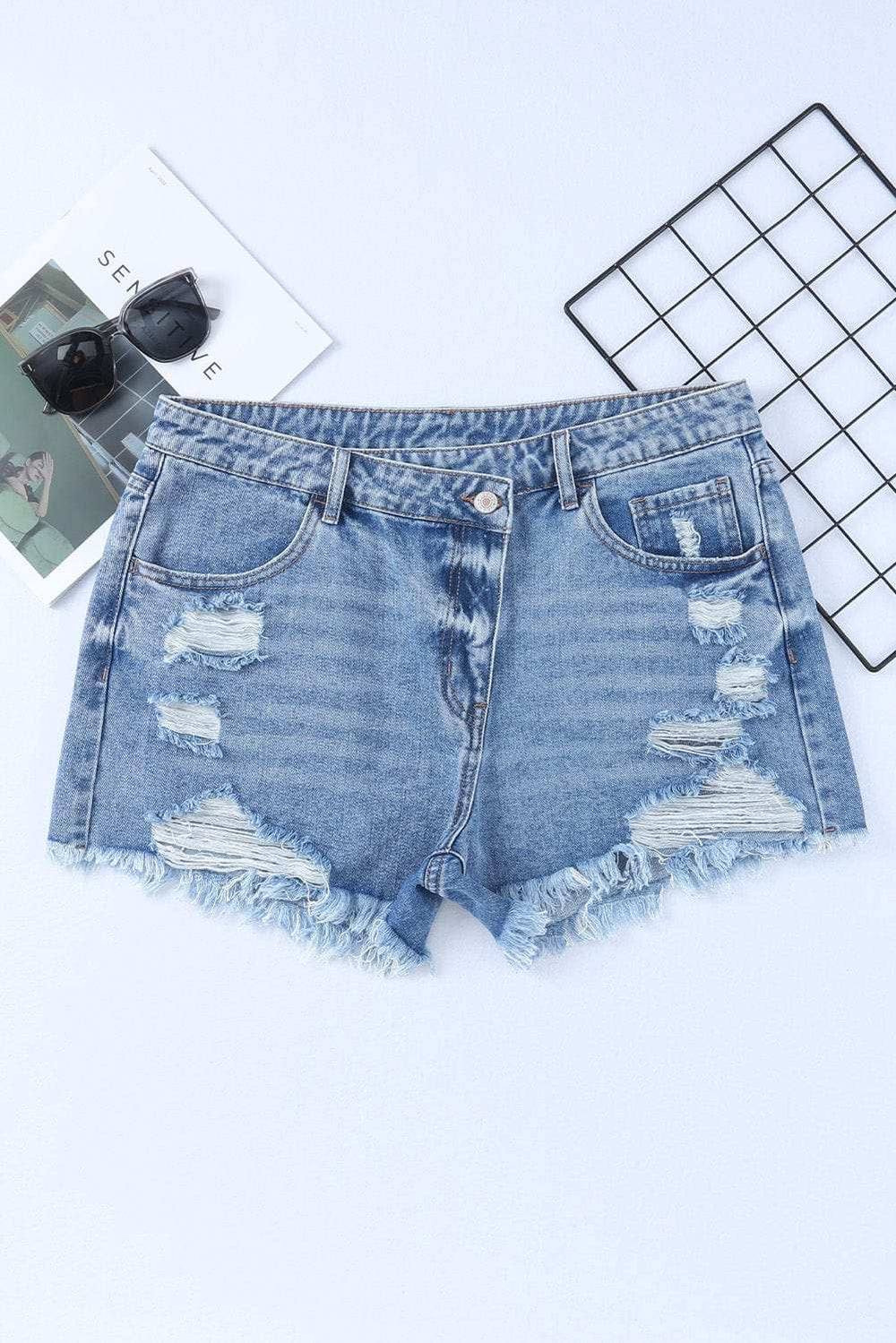 High Rise Crossover Waist Denim Shorts - Trendsi - Flyclothing LLC