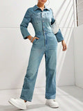 Half Button Long Sleeve Straight Leg Denim Jumpsuit - Trendsi - Flyclothing LLC