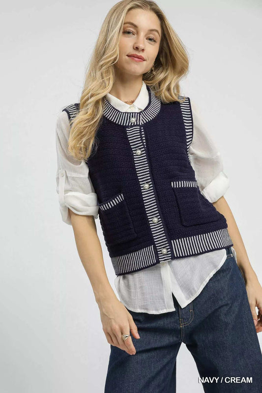 Umgee Contrast Striped Trim Button-Down Sweater Vest - Trendsi - Flyclothing LLC