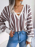 Striped Lace-Up Long Sleeve Sweater - Trendsi - Flyclothing LLC
