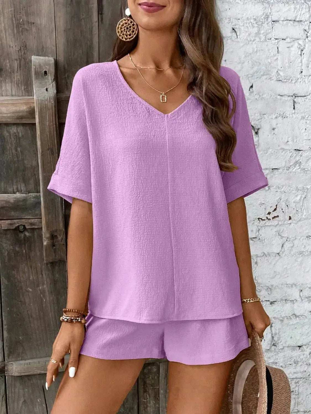 V-Neck Half Sleeve Top and Shorts Set - Trendsi - Flyclothing LLC