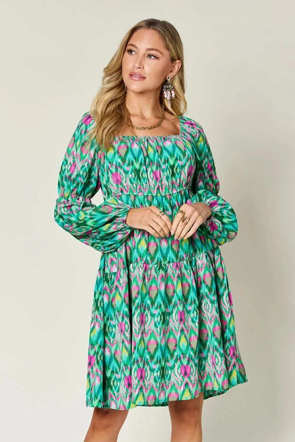 Double Take Full Size Printed Long Sleeve Dress - Trendsi - Flyclothing LLC