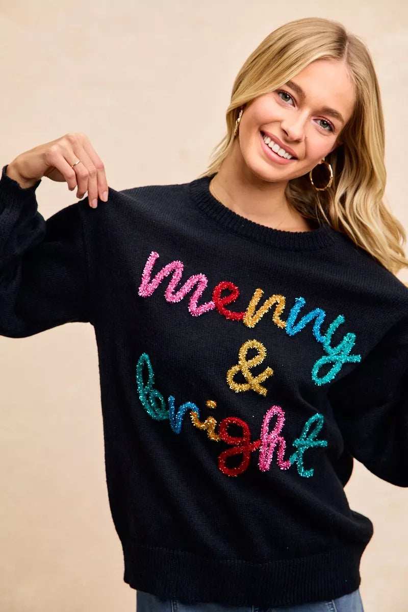BiBi Tinsel Lettering Christmas Sweater - Trendsi - Flyclothing LLC