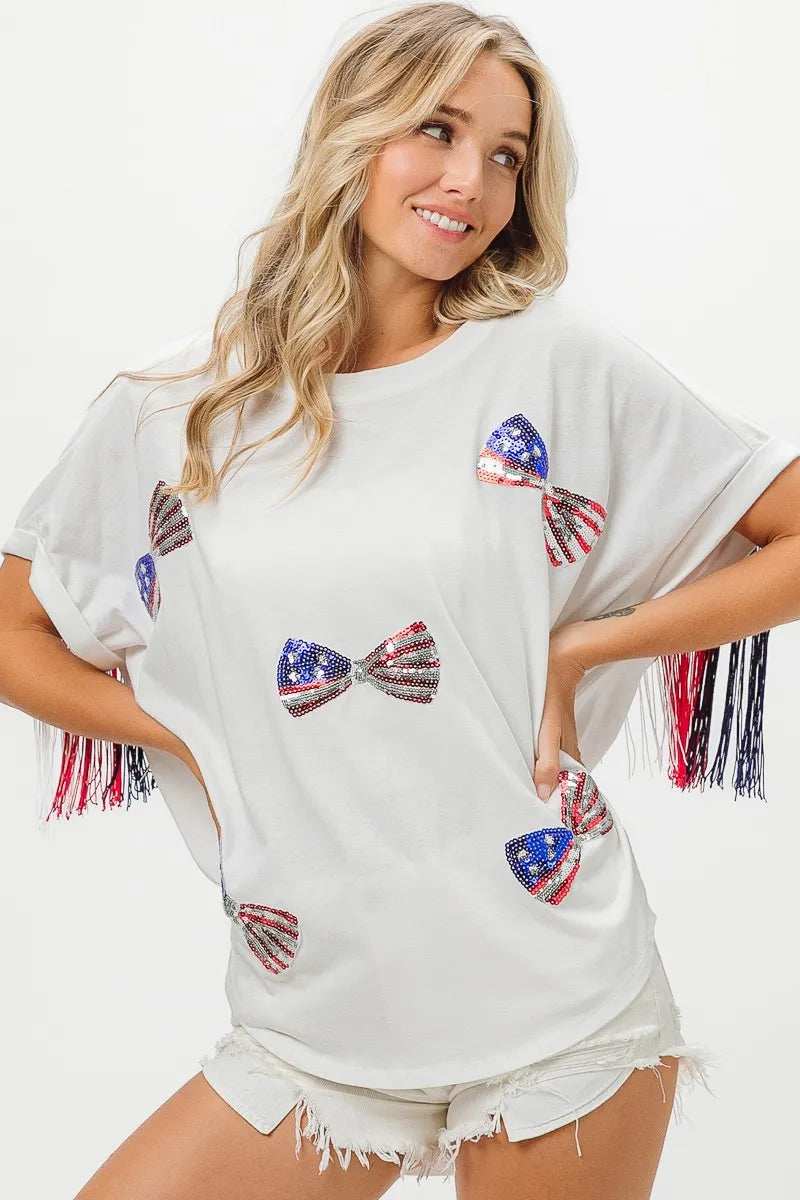 BiBi American Flag Sequin Ribbon T-Shirt - Trendsi - Flyclothing LLC