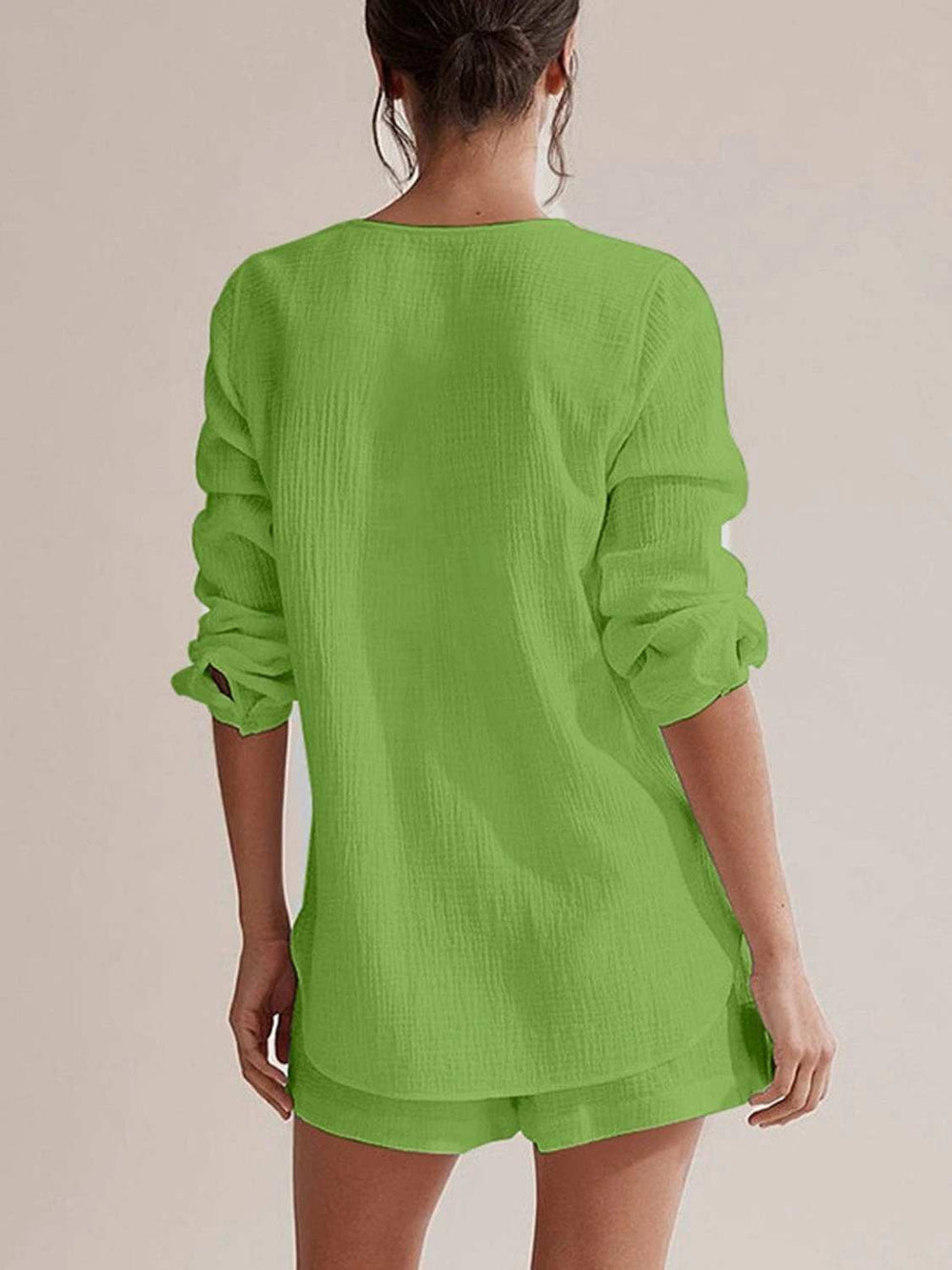 Notched Long Sleeve Top and Shorts Set - Trendsi - Flyclothing LLC