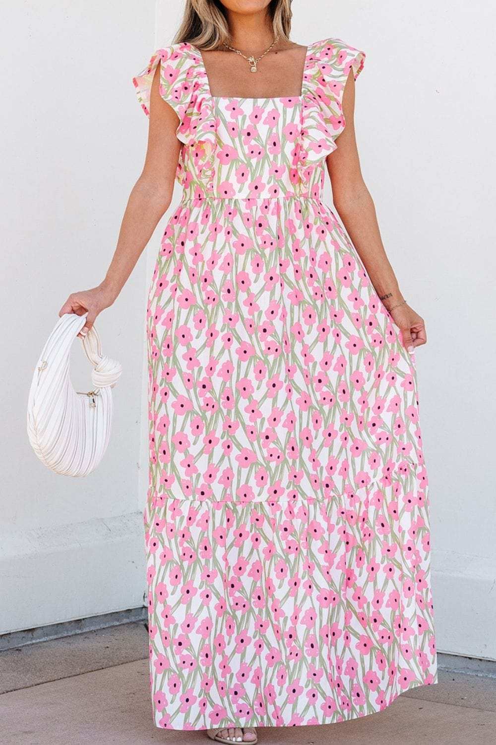 Floral Print Square Neck Ruffled Cap Sleeve Maxi Dress - Trendsi - Flyclothing LLC