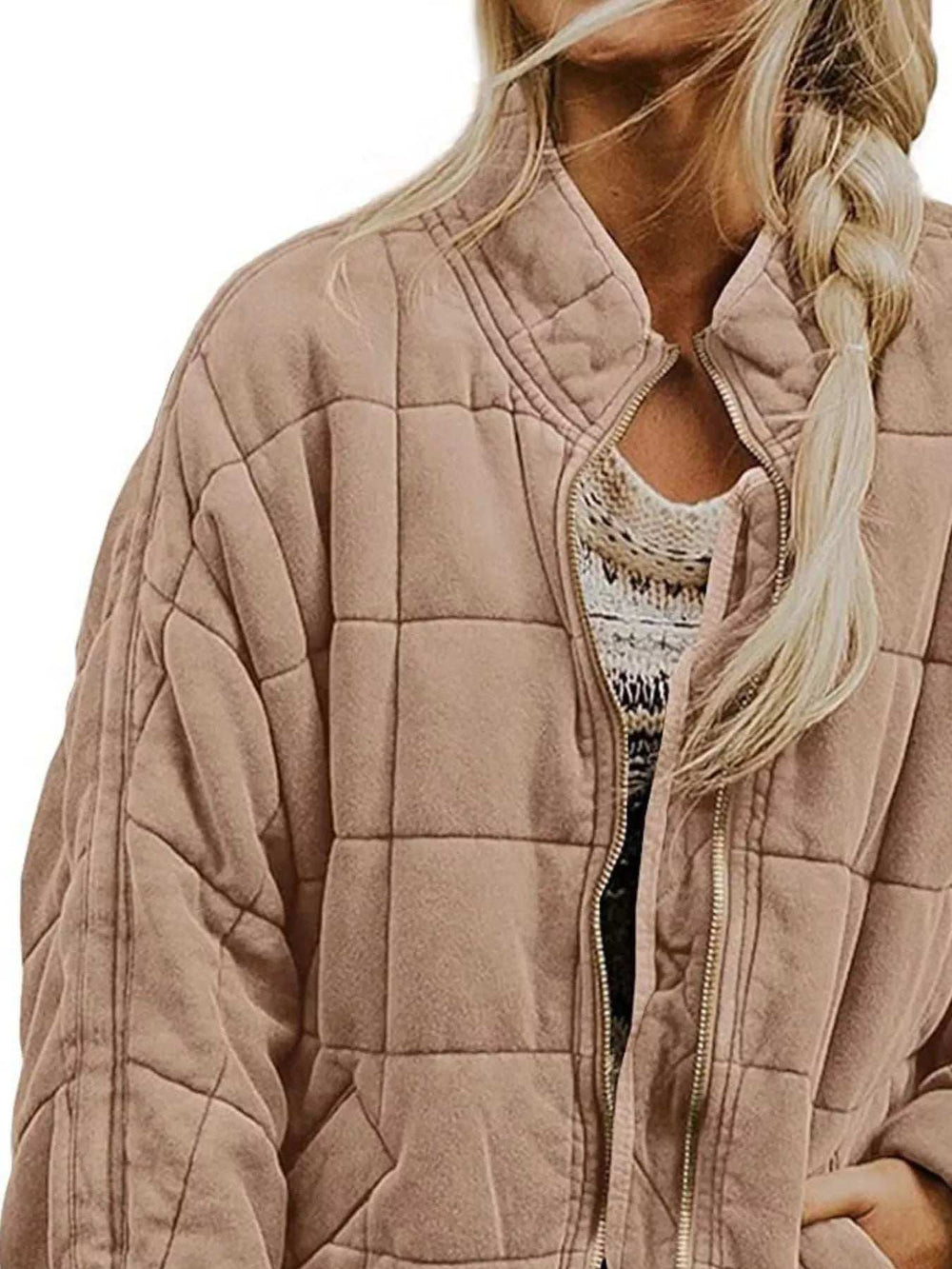 Full Size Zip Up Quilted Bomber Jacket Plus Size - Trendsi - Flyclothing LLC