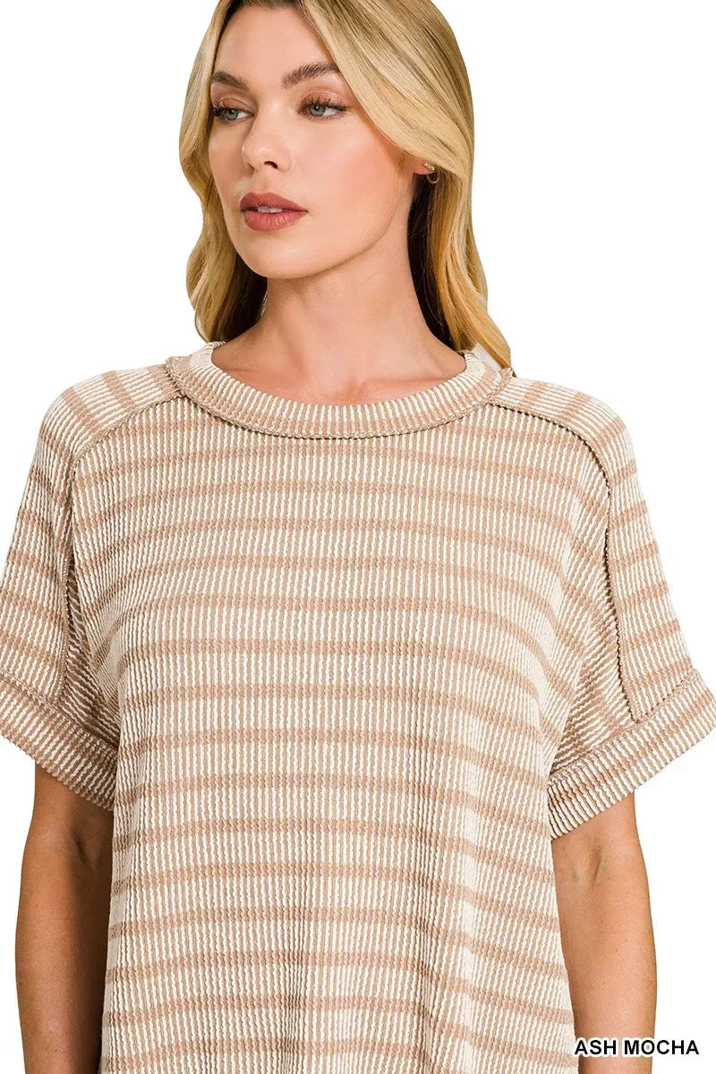 Zenana Raised Rib Striped Exposed Seam Top - Trendsi - Flyclothing LLC
