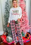 MERRY CHRISTMAS Round Neck Top and Plaid Pants Set - Trendsi - Flyclothing LLC