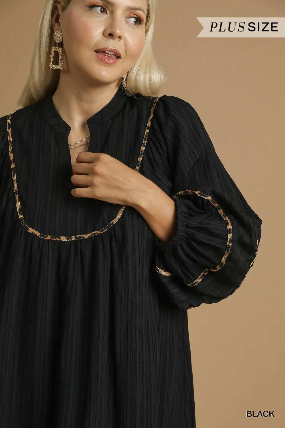 Umgee Full Size Textured Babydoll Dress with Leopard Trim Plus Size - Trendsi - Flyclothing LLC