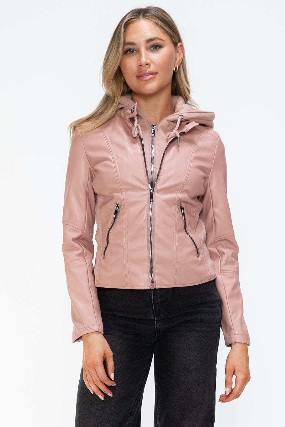 Snobbish Faux Leather Zip Up Drawstring Hooded Jacket - Trendsi - Flyclothing LLC