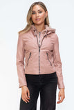 Snobbish Faux Leather Zip Up Drawstring Hooded Jacket - Trendsi - Flyclothing LLC