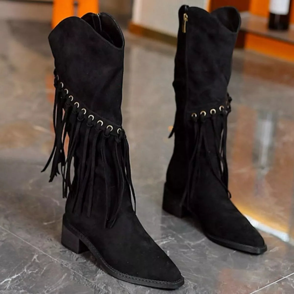 Fringed Point Toe Block Heel Boots - Trendsi - Flyclothing LLC