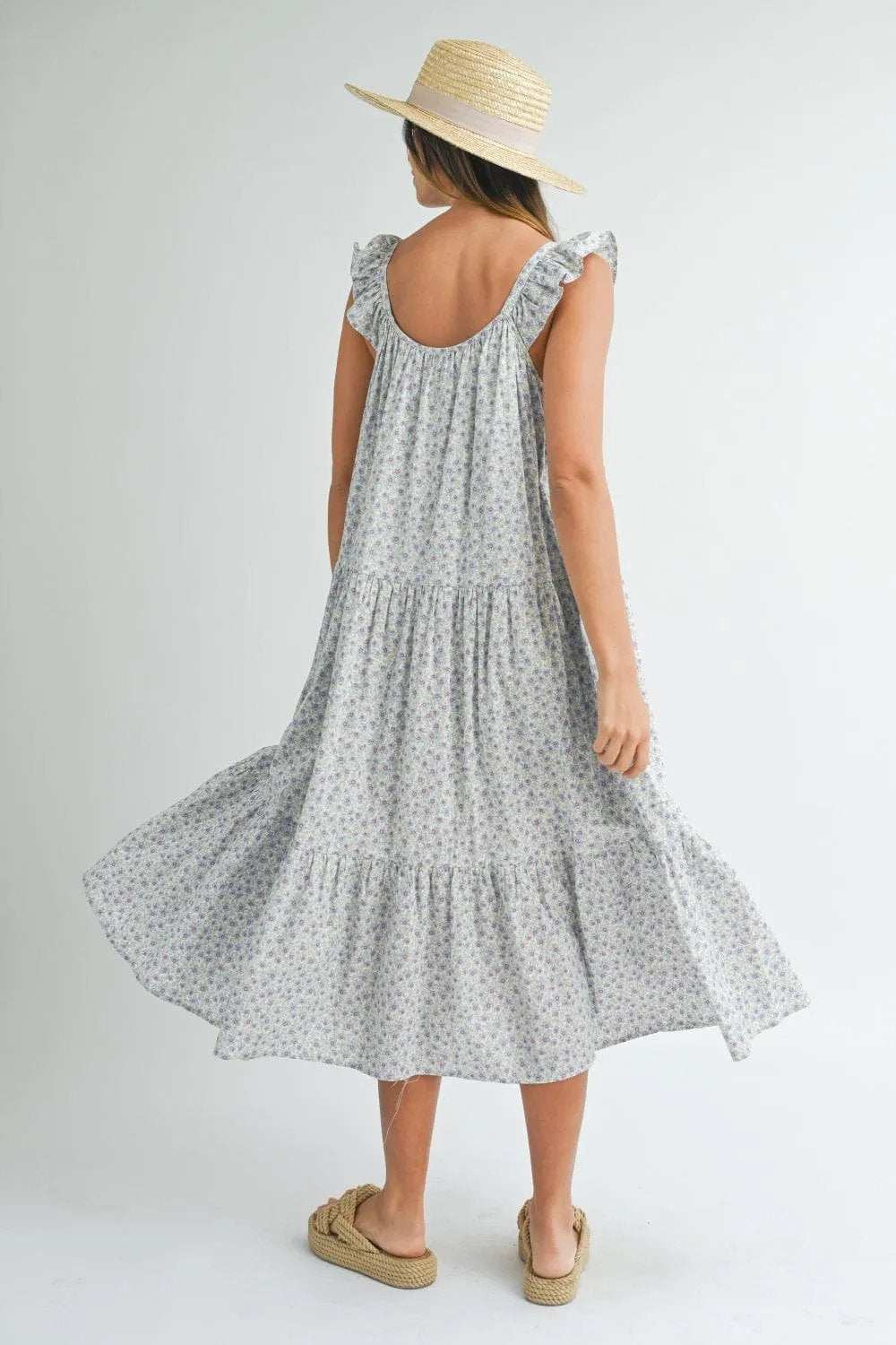 MABLE Floral Ruffle Shoulder Tiered Midi Dress - Trendsi - Flyclothing LLC