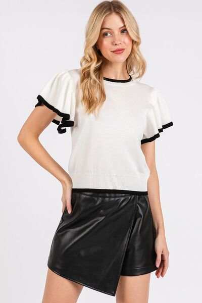 Mittoshop Contrast Trim Ruffled Cap Sleeve Knit Top - Trendsi - Flyclothing LLC
