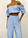 Off Shoulder Long Sleeve Top and Pants Set - Trendsi - Flyclothing LLC