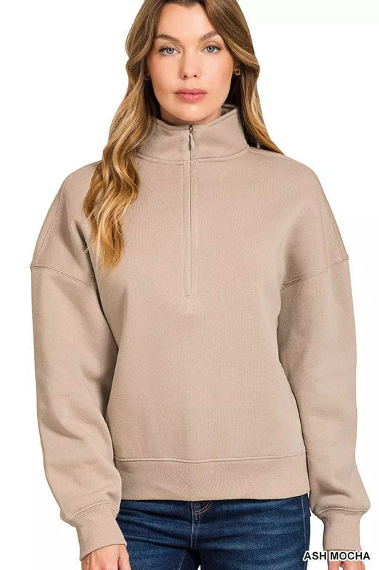 Zenana Fleece High Neck Half Zip Sweatshirt - Trendsi - Flyclothing LLC