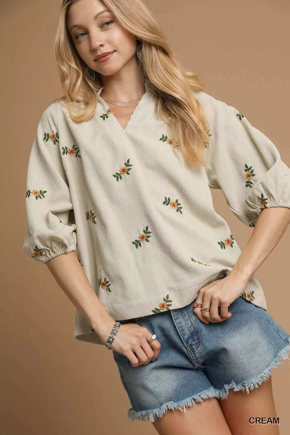 Umgee Corduroy Floral Embroidered Puff Sleeve Blouse - Trendsi - Flyclothing LLC