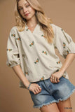Umgee Corduroy Floral Embroidered Puff Sleeve Blouse - Trendsi - Flyclothing LLC