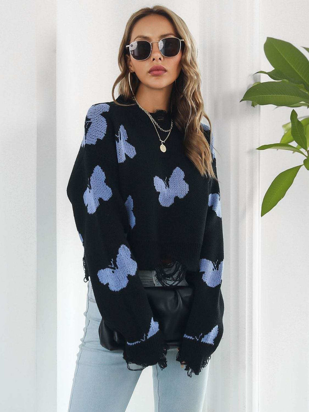 Distressed Butterfly Cropped Sweater - Trendsi - Flyclothing LLC