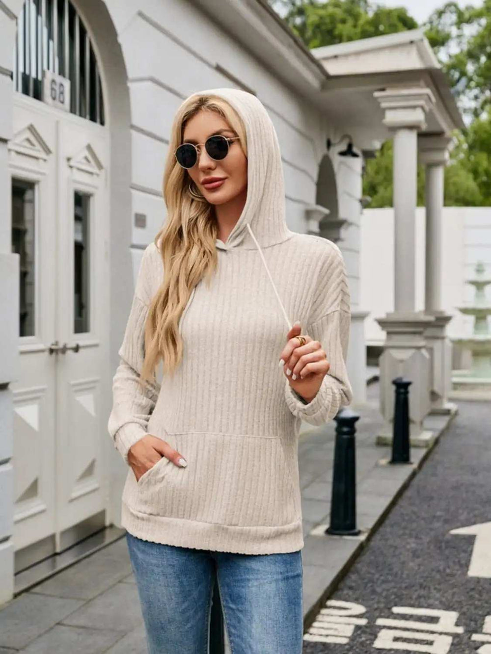 Ribbed Drawstring Long Sleeve Hoodie - Trendsi - Flyclothing LLC